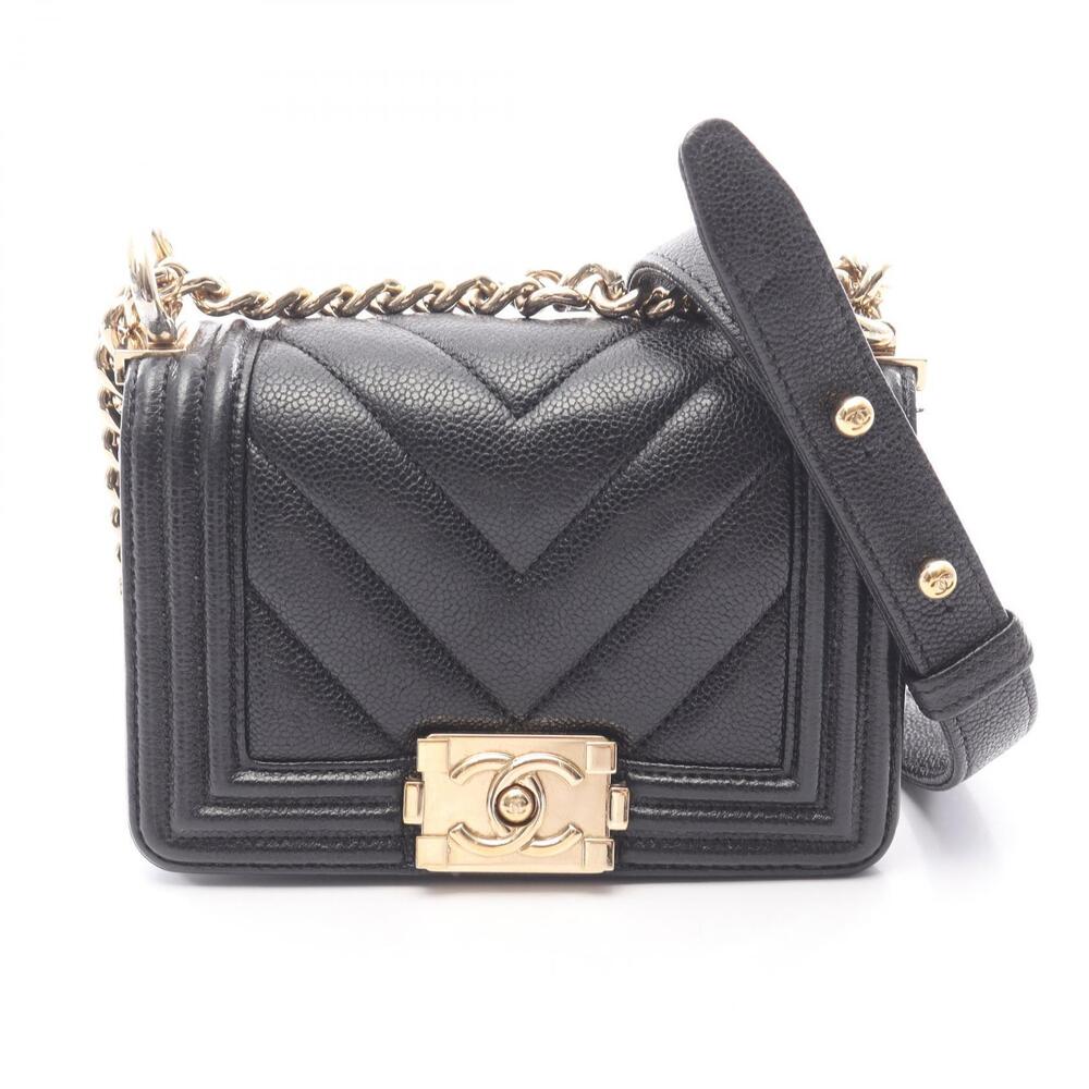 Chanel Boy Chevron V stitch Shoulder Bag Caviar Skin Grained Calfskin Black